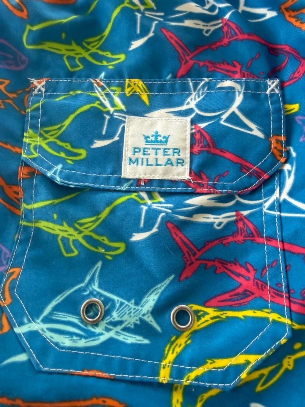 Peter Millar Shark Print Swim Trunks Blue Multicolor Size By Measurements - Picture 3 of 6